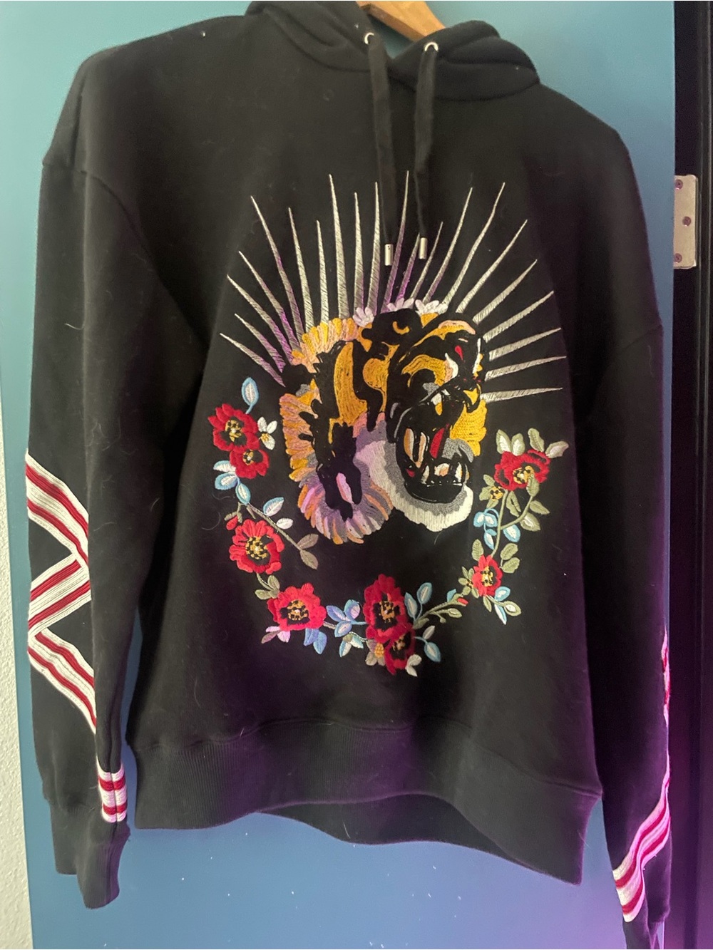 Gucci Black Hoodie with Embroidered Tiger and Floral Motif
